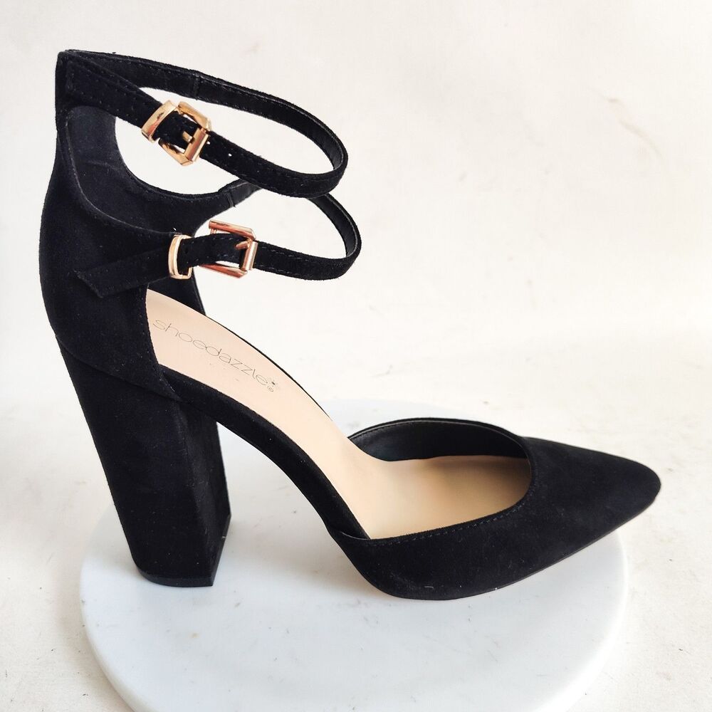 New Shoedazzle Size‎ 7.5 Block Heels Ankle Straps Black Faux Suede Pointy Toe